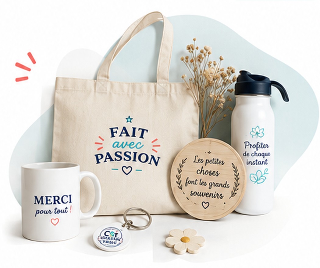 Exemples de créations personnalisées : tote bag, mug, gourde et décoration